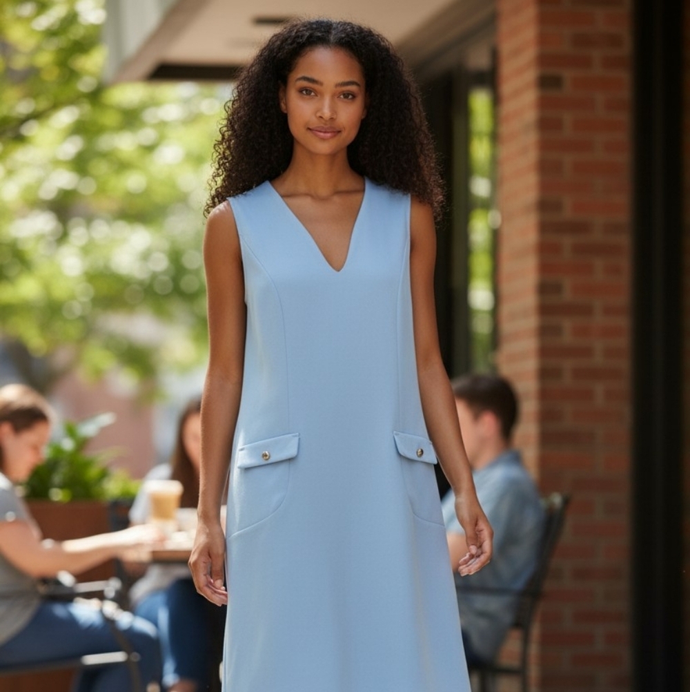 Blue Sleeveless A-Line Shift Dress with Pockets – Size Large